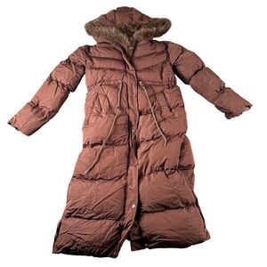 Chendayi Brown Long Puffer Coat Faux Fur Hood Quilted Parka XS WP945‎